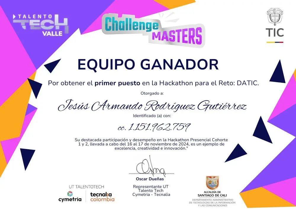 Certificado Ganador Primera Hackaton Talento Tech Valle del cauca Certificado Ganador Primera Hackaton Talento Tech Valle del cauca